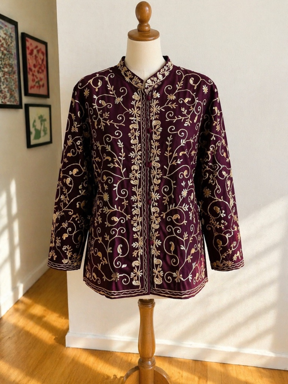 Embroidered Burgundy Jacket with Gold Detail